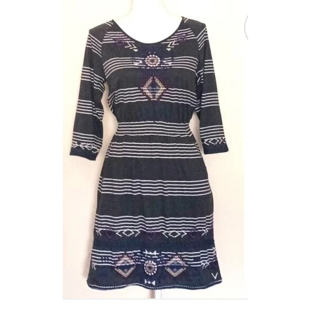 Johnny Was‎ Navy Geometric Stripe Southwest Embroidered cotton mini Dress S
